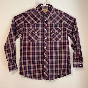 Wrangler Mens Large Orange Blue Plaid Pearl Snap LS Button Up Western Shirt Top